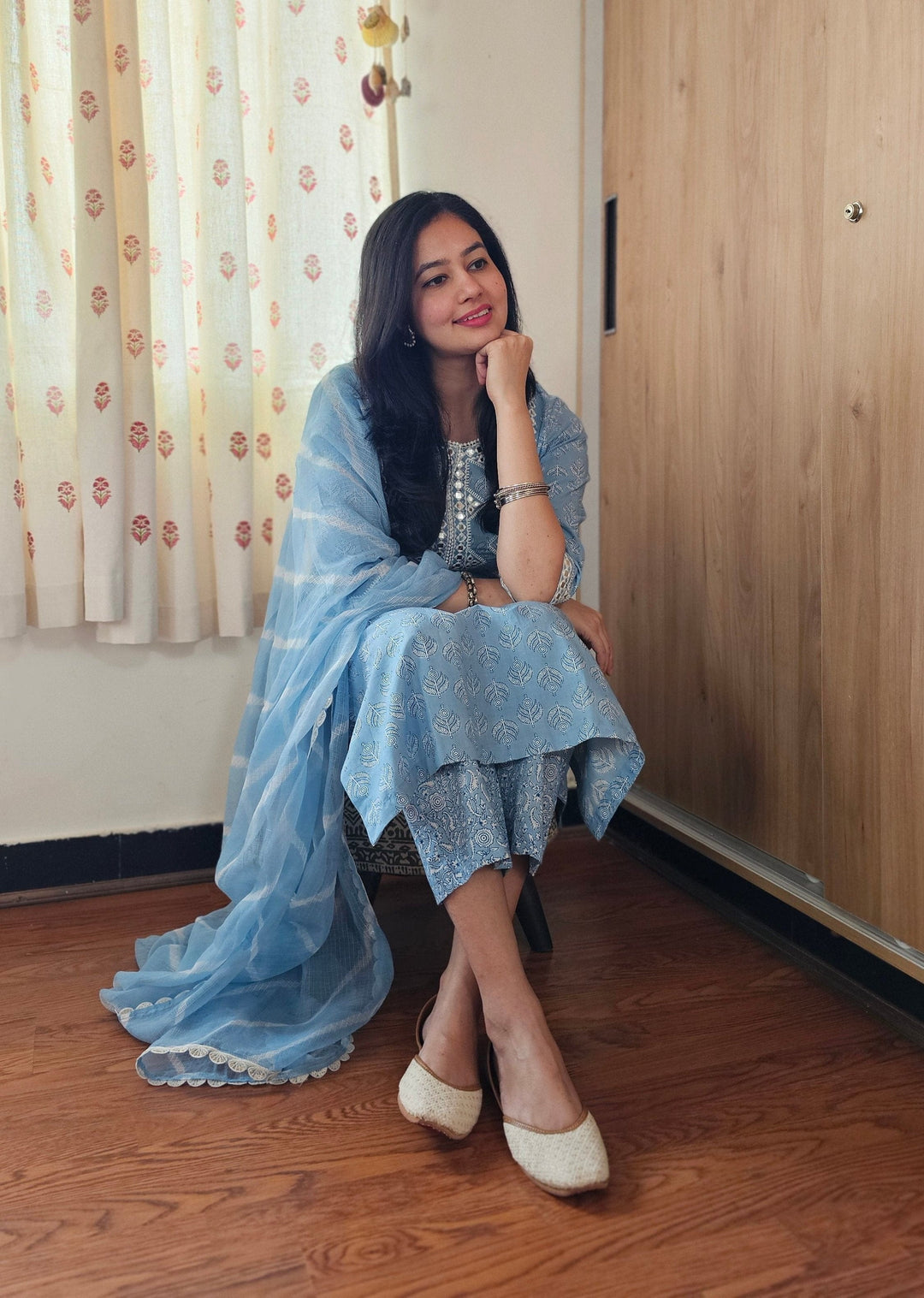 NARGIS Blue Embroidered Mirrorwork Cotton Kurta Set Of 3