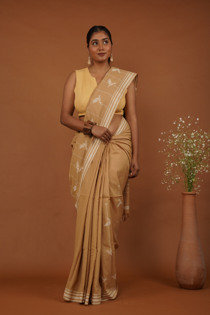 Flying Bird Handwoven Bawan Buti Golden Musturad Cotton Saree | SHOBITAM