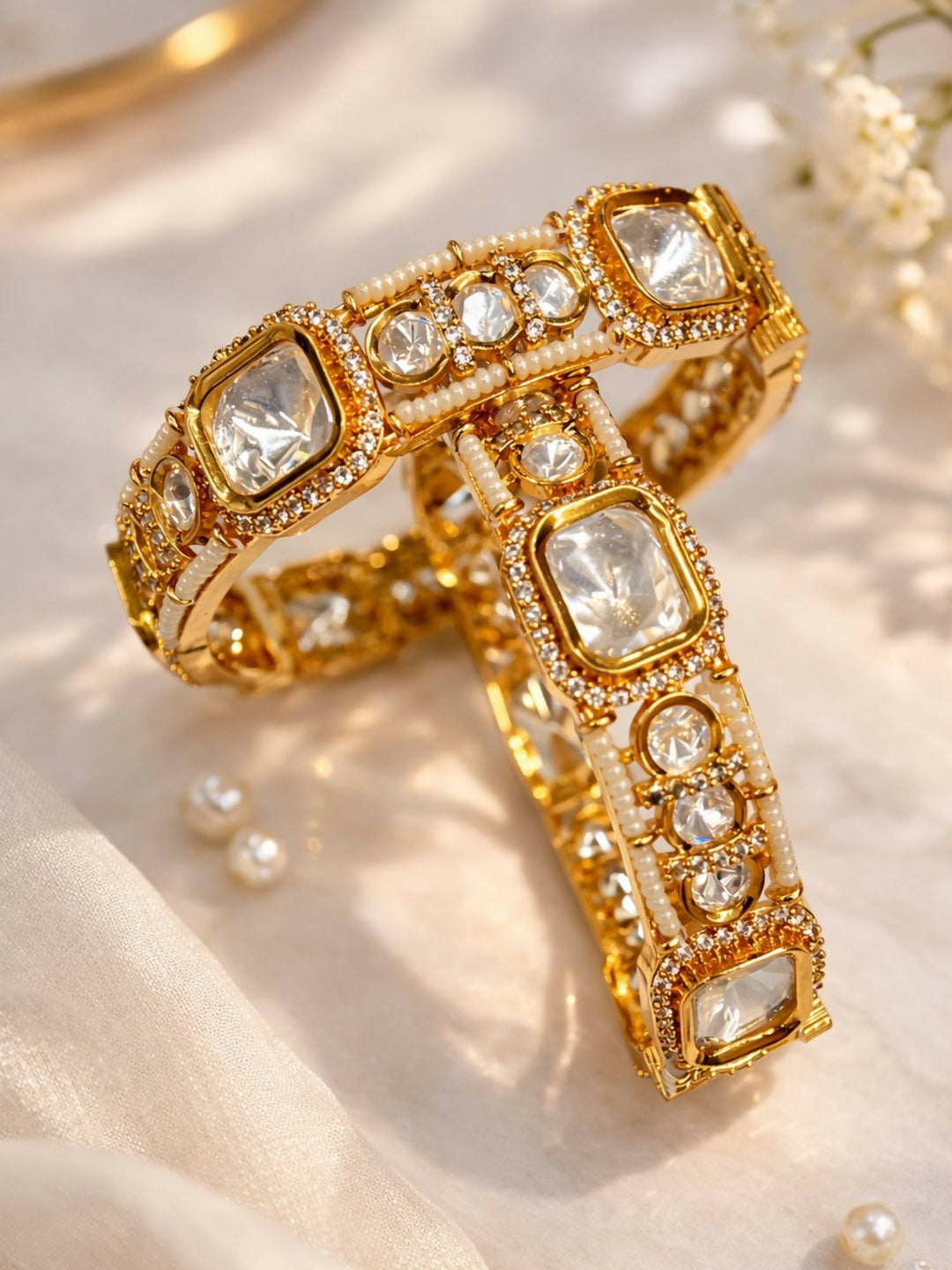 Gold Plated Wedding Polki Moissanite Bangles | SHOBITAM