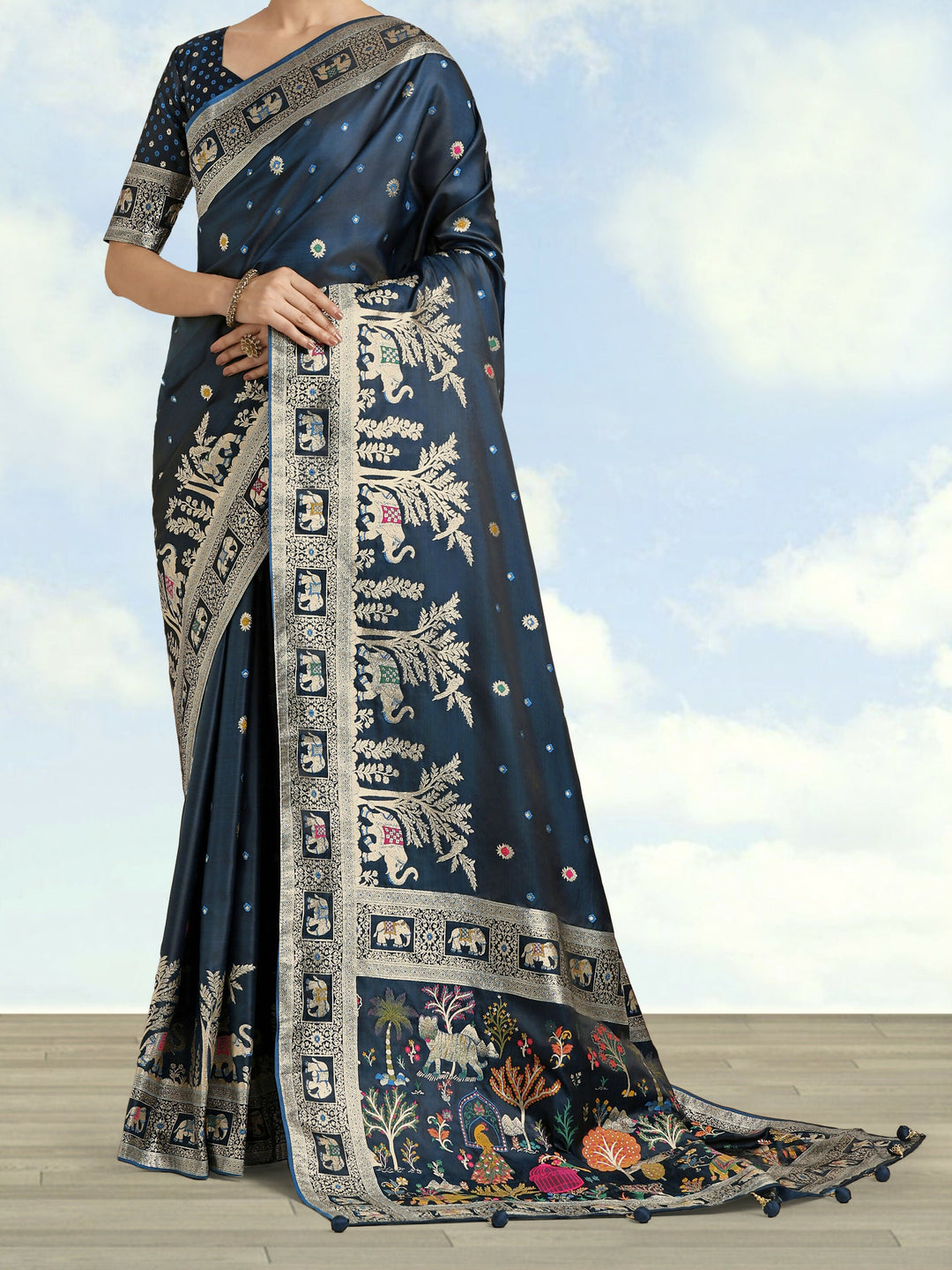 Dark Teal Woven Banarasi Satin Silk Saree | SHOBITAM