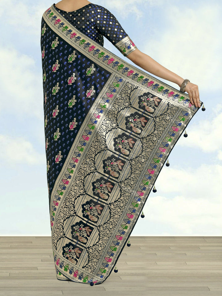 Dark blue With Gold Bordar Banarasi Satin Zari Woven Saree | SHOBITAM
