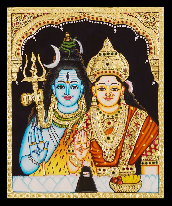12*10 TANJORE PAINTING SHIVA PARVATHI Authentic With 22 Ct Gold Foil and Jaipur Gemstones,Unframed | SHOBITAM