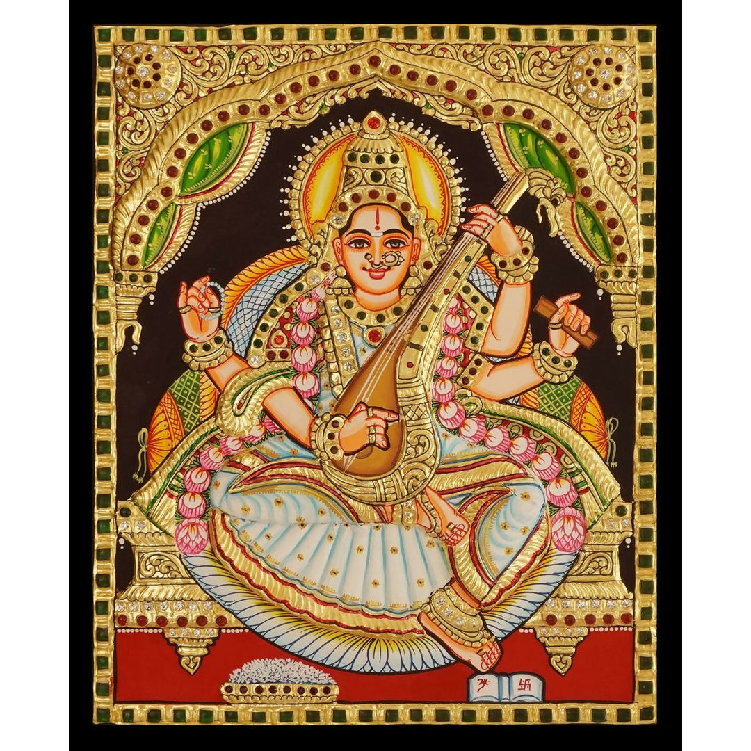 12*15 Authentic TANJORE PAINTING SARASWATHI With 22 Ct gold Foil and Jaipur Gemstones,Unframed | SHOBITAM