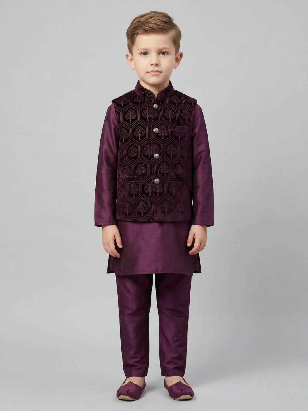 Boys Maroon Kurta Pajama Set with Embroidered Nehru Jacket | SHOBITAM
