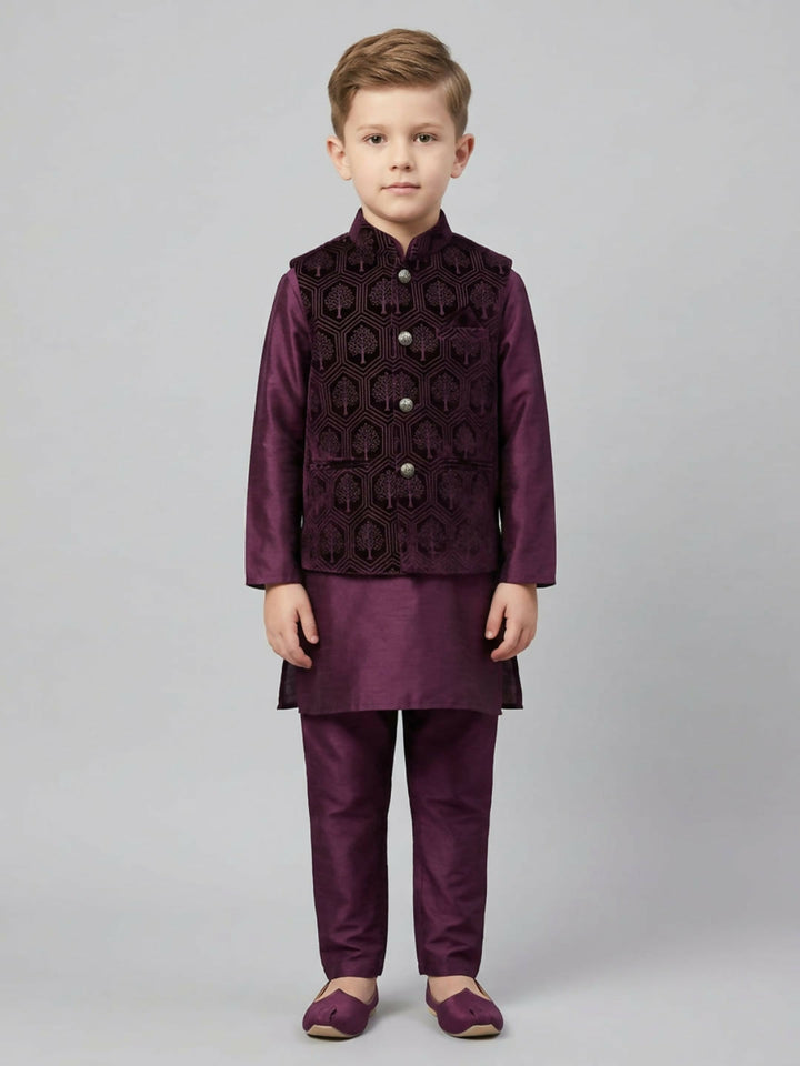 Boys Maroon Kurta Pajama Set with Embroidered Nehru Jacket | SHOBITAM