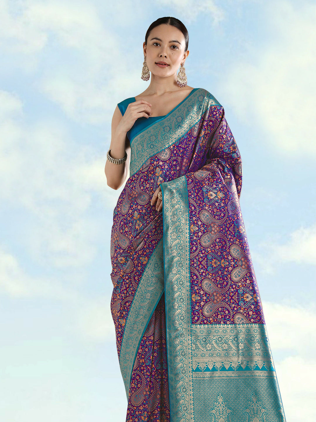 Purple Banarasi Semi Silk Saree With Traditional Paisley Weaves | SHOBITAM