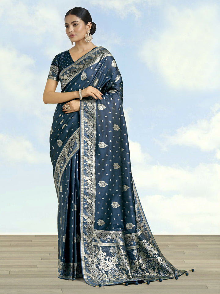 Aqua blue Woven Banarasi Satin Silk Saree | SHOBITAM