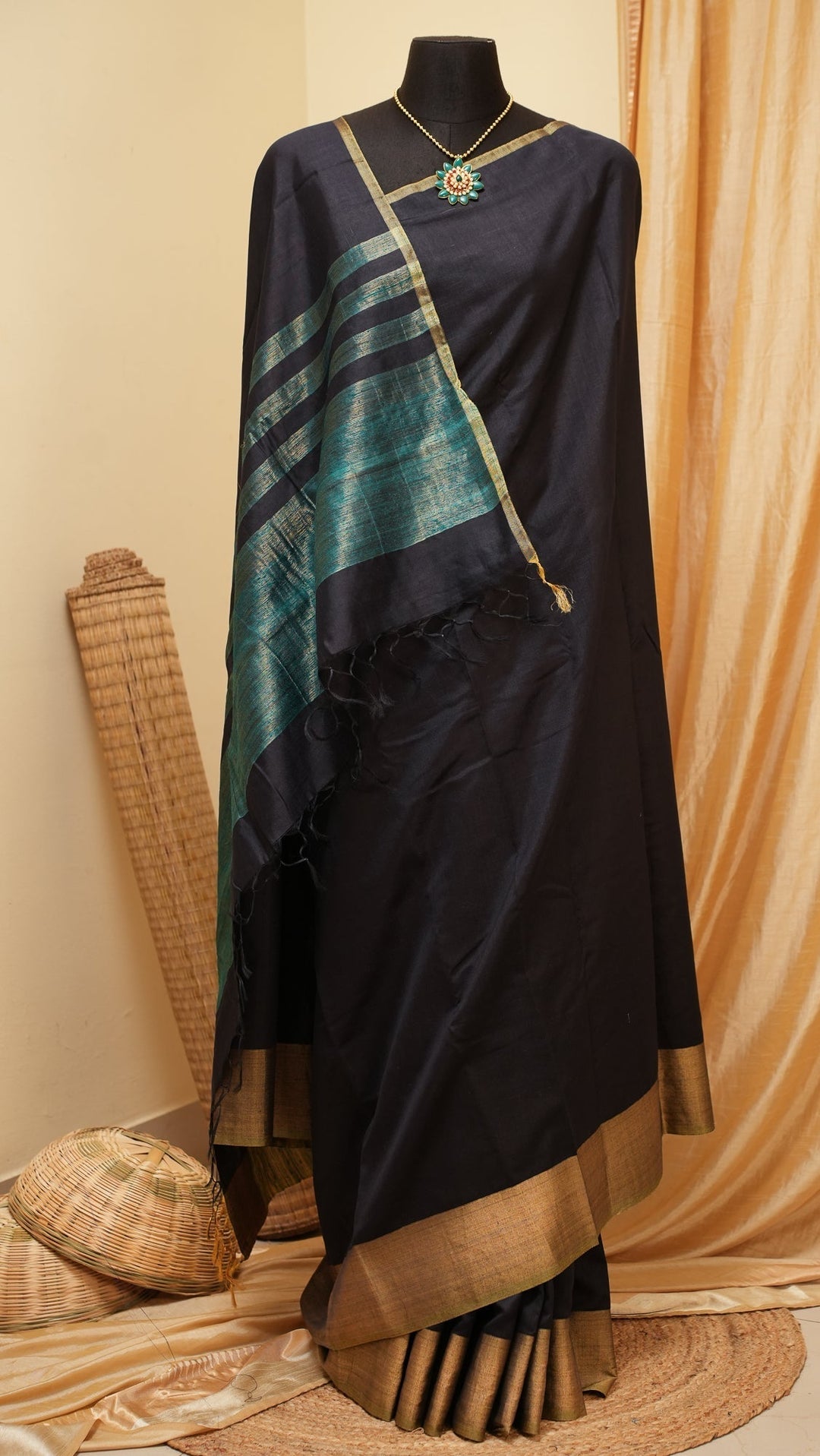 Black Tussar Handloom Silk Saree | SHOBITAM