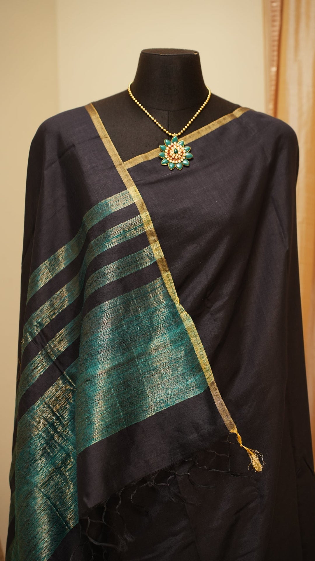 Black Tussar Handloom Silk Saree | SHOBITAM