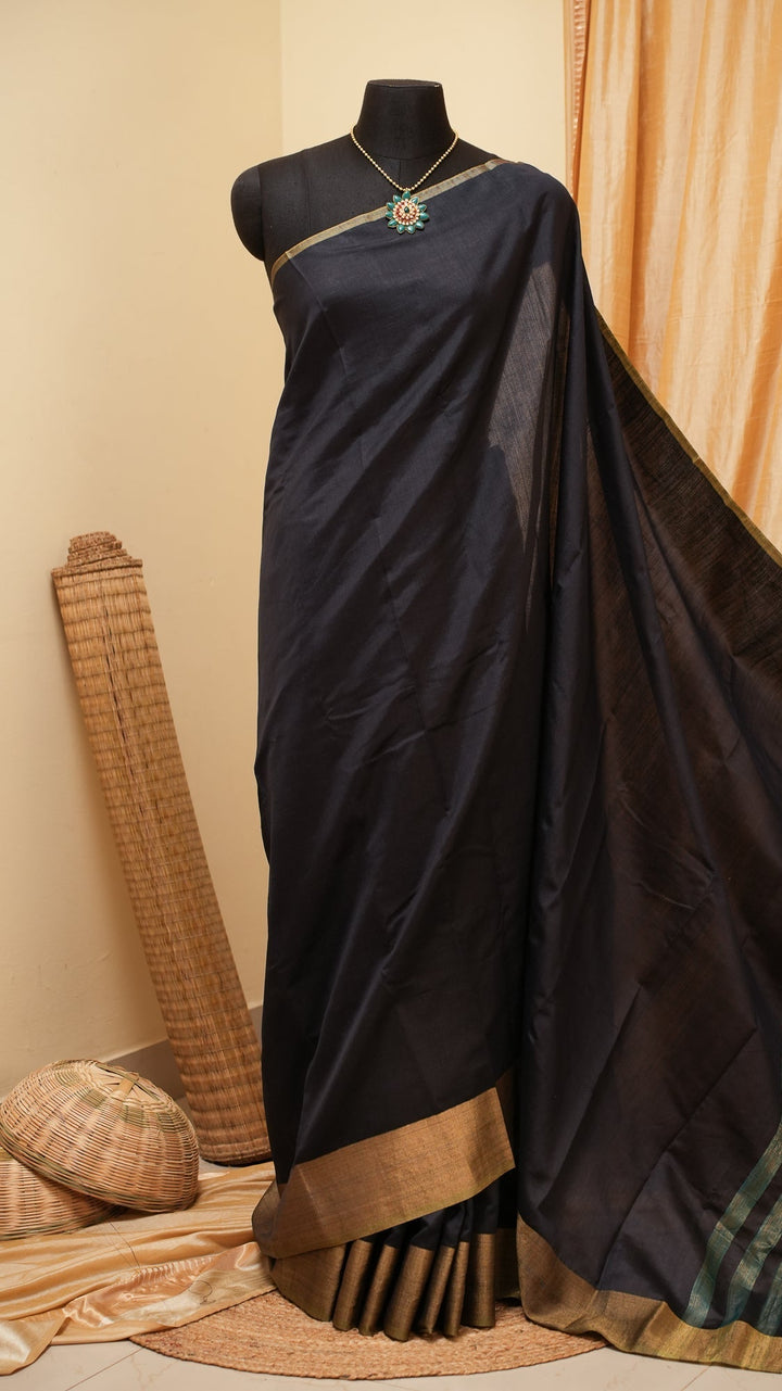 Black Tussar Handloom Silk Saree | SHOBITAM