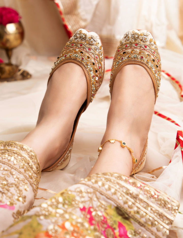 SUNEHRI Golden Silk Threads, Pearls, Bugle Beads Zardozi Juttis