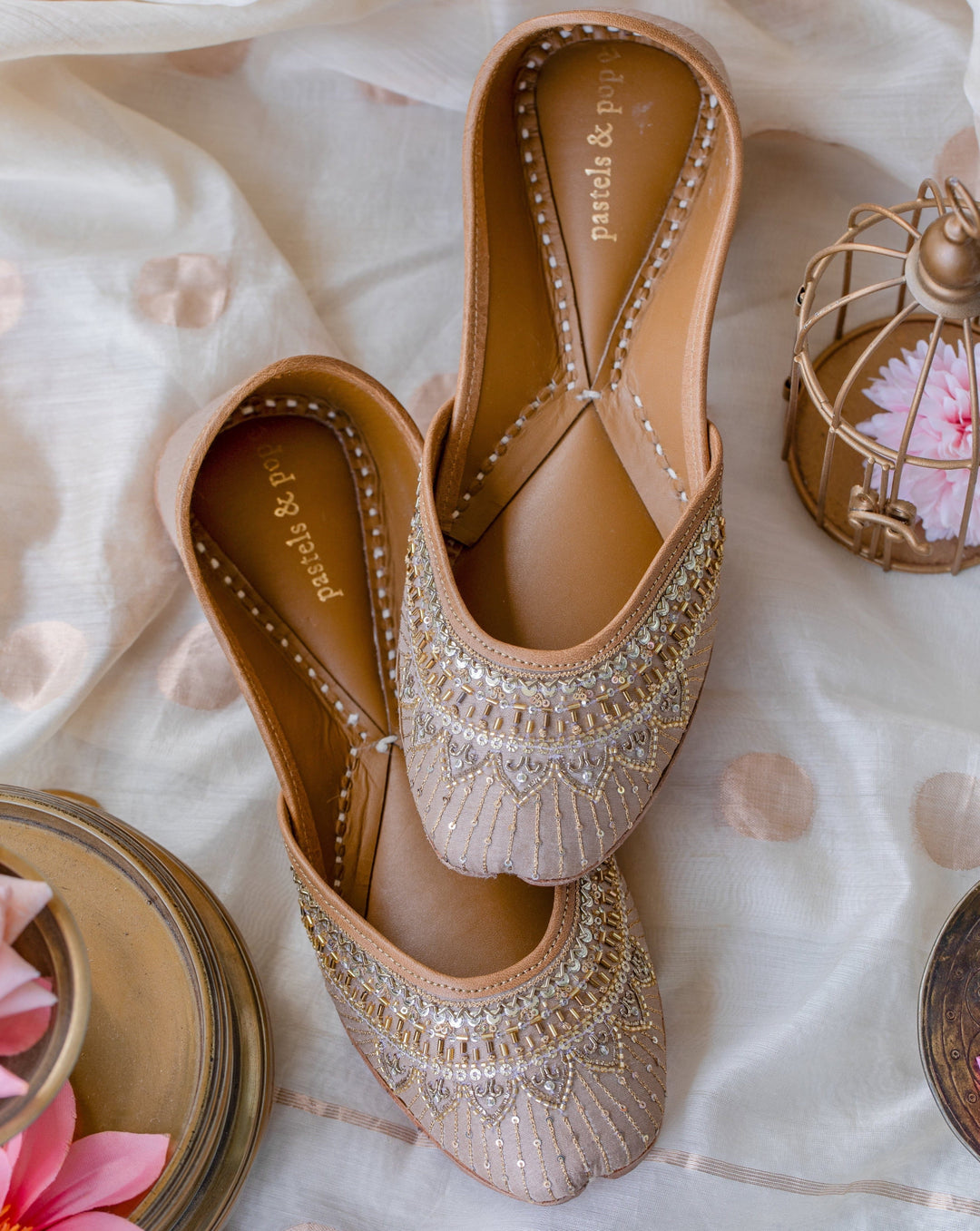 AURORA Hand-Embroidered Champagne Gold Sequin and Bugle Bead Jutti | SHOBITAM