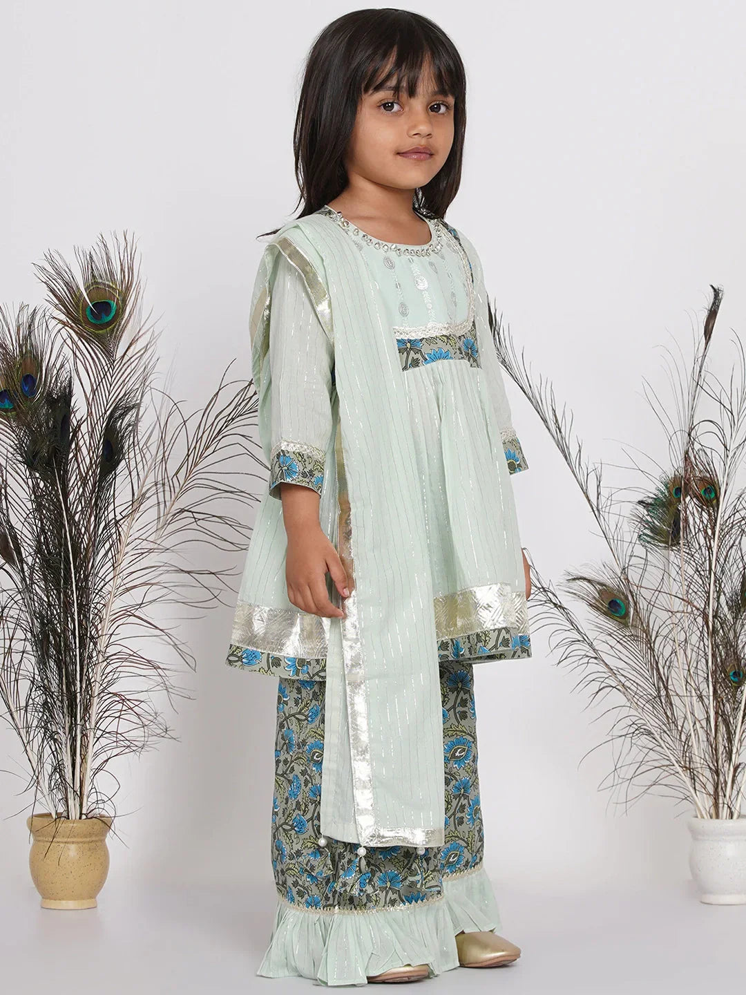 Girls Zardosi Work Kurta Frock with Plazzo and Striped Dupatta  | SHOBITAM