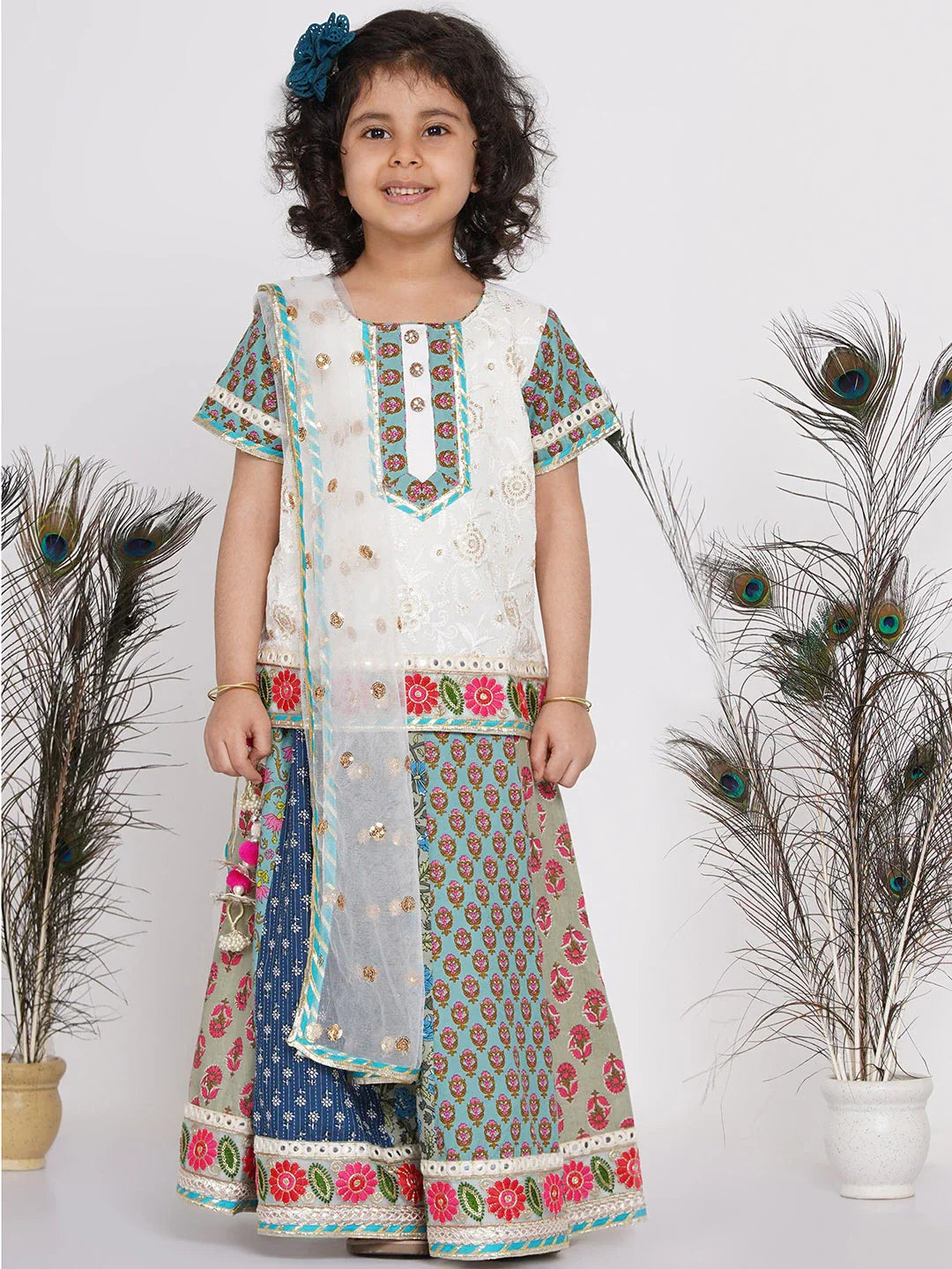 Girls Cotton Floral Embroidery Kurta with Kali Work Lehenga and Tussel work | SHOBITAM