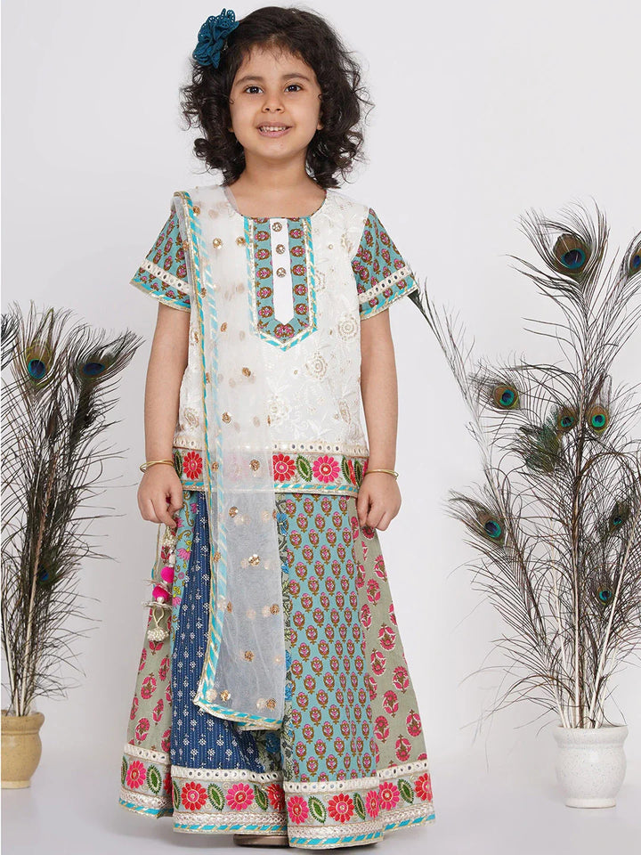 Girls Cotton Floral Embroidery Kurta with Kali Work Lehenga and Tussel work | SHOBITAM