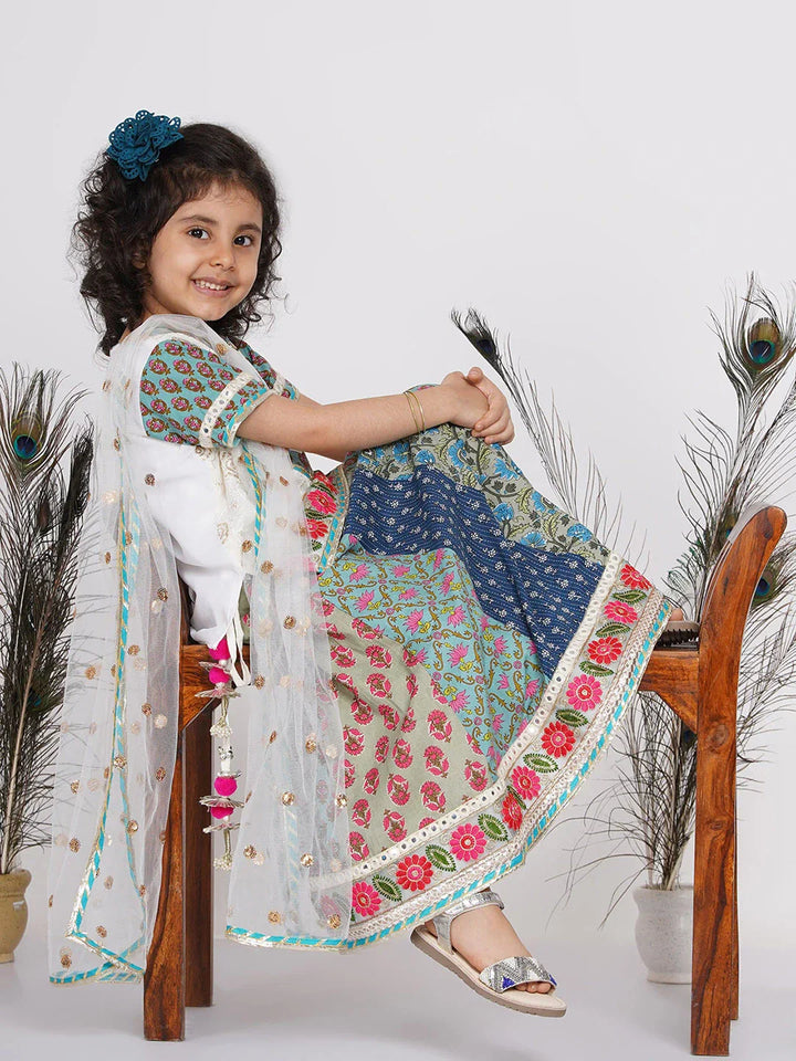 Girls Cotton Floral Embroidery Kurta with Kali Work Lehenga and Tussel work | SHOBITAM