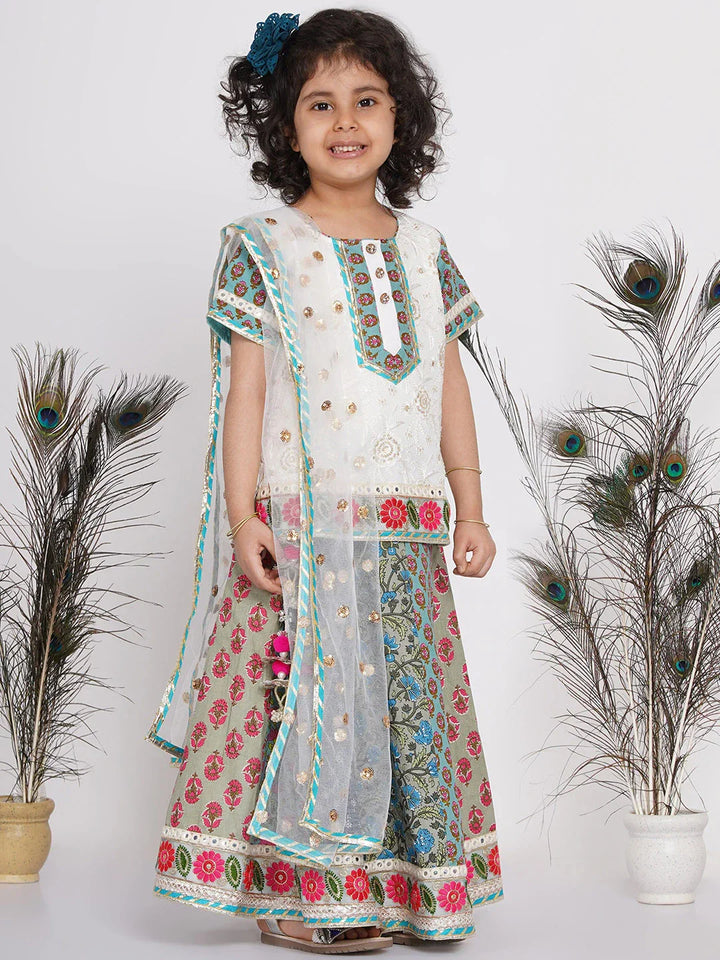 Girls Cotton Floral Embroidery Kurta with Kali Work Lehenga and Tussel work | SHOBITAM