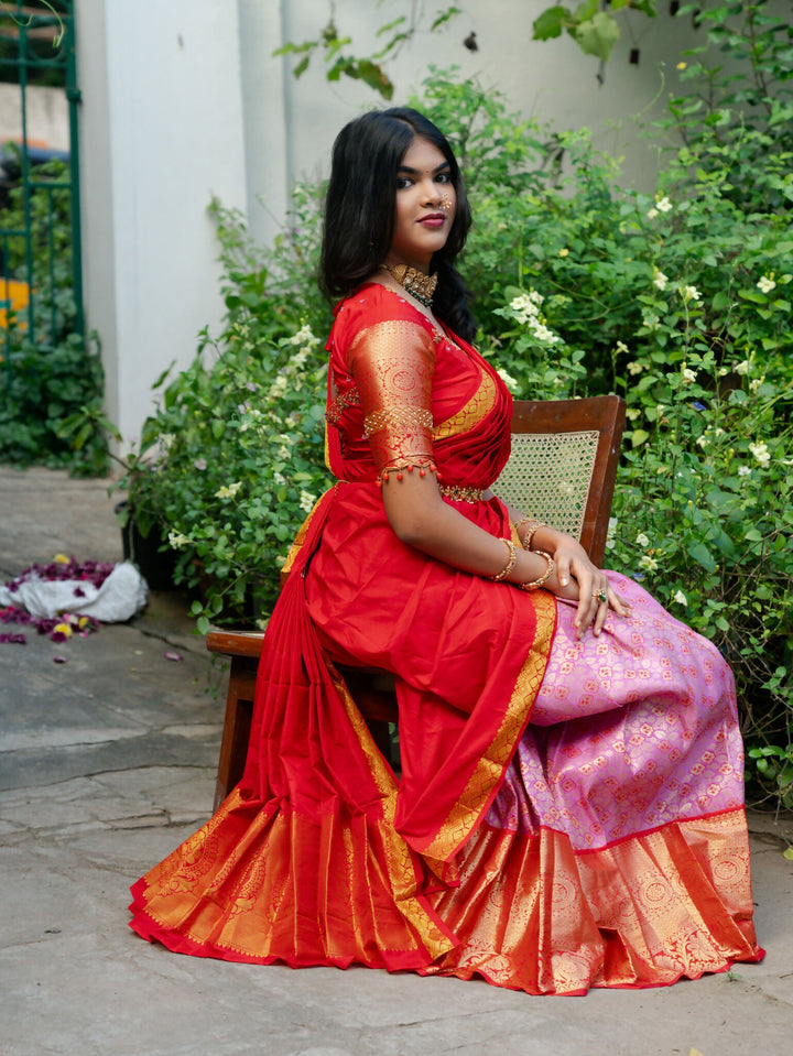 Rose Pink Brocade Skirt With Red Blouse | SHOBITAM