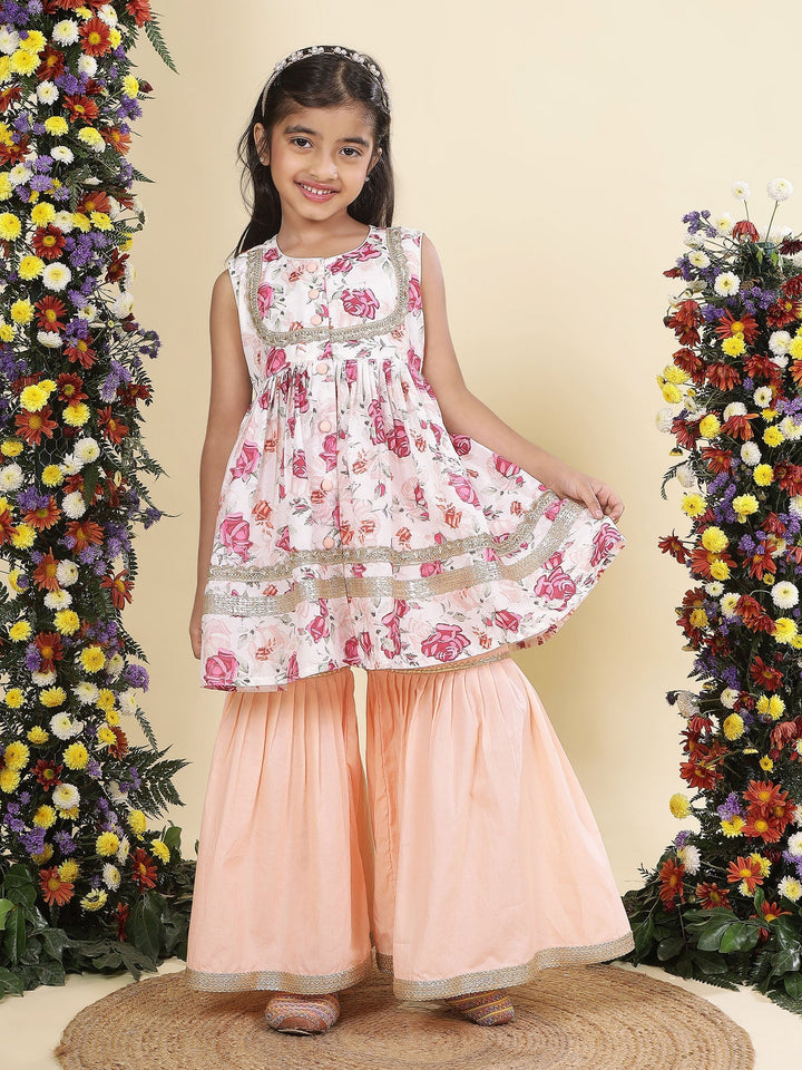 Peach Rose Muslin Kurta with Cotton Sharara | SHOBITAM