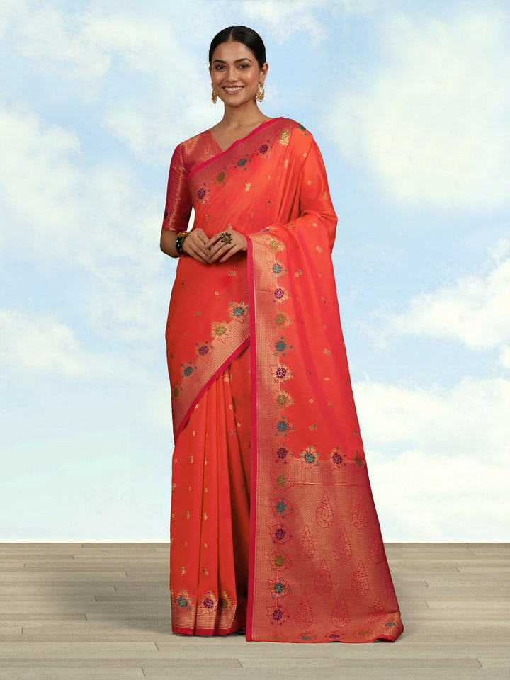 Dark Peach Semi Banarasi Silk Blend Saree With Zari Woven Work | SHOBITAM