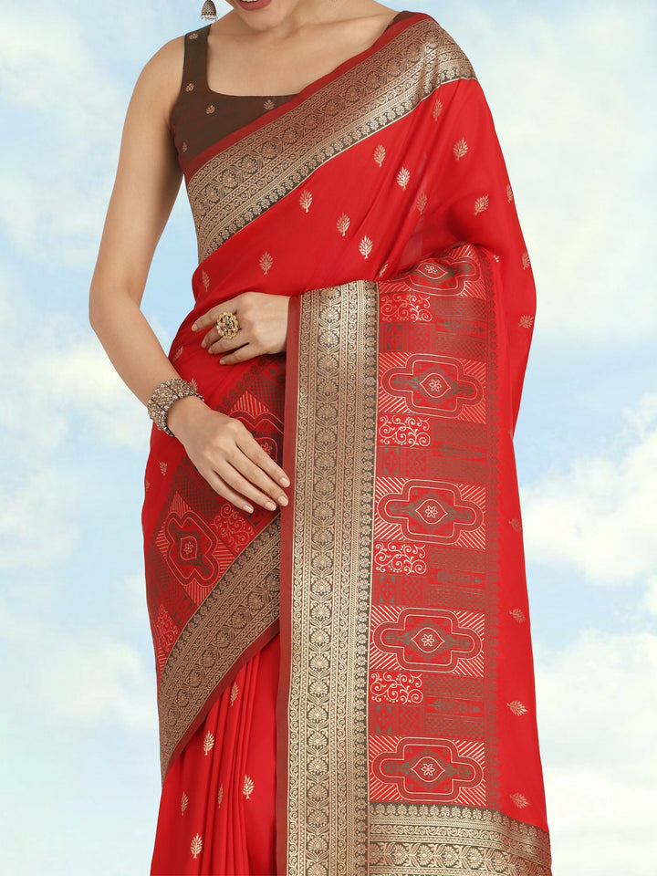 Red Color Semi Banarasi Silk Saree| SHOBITAM