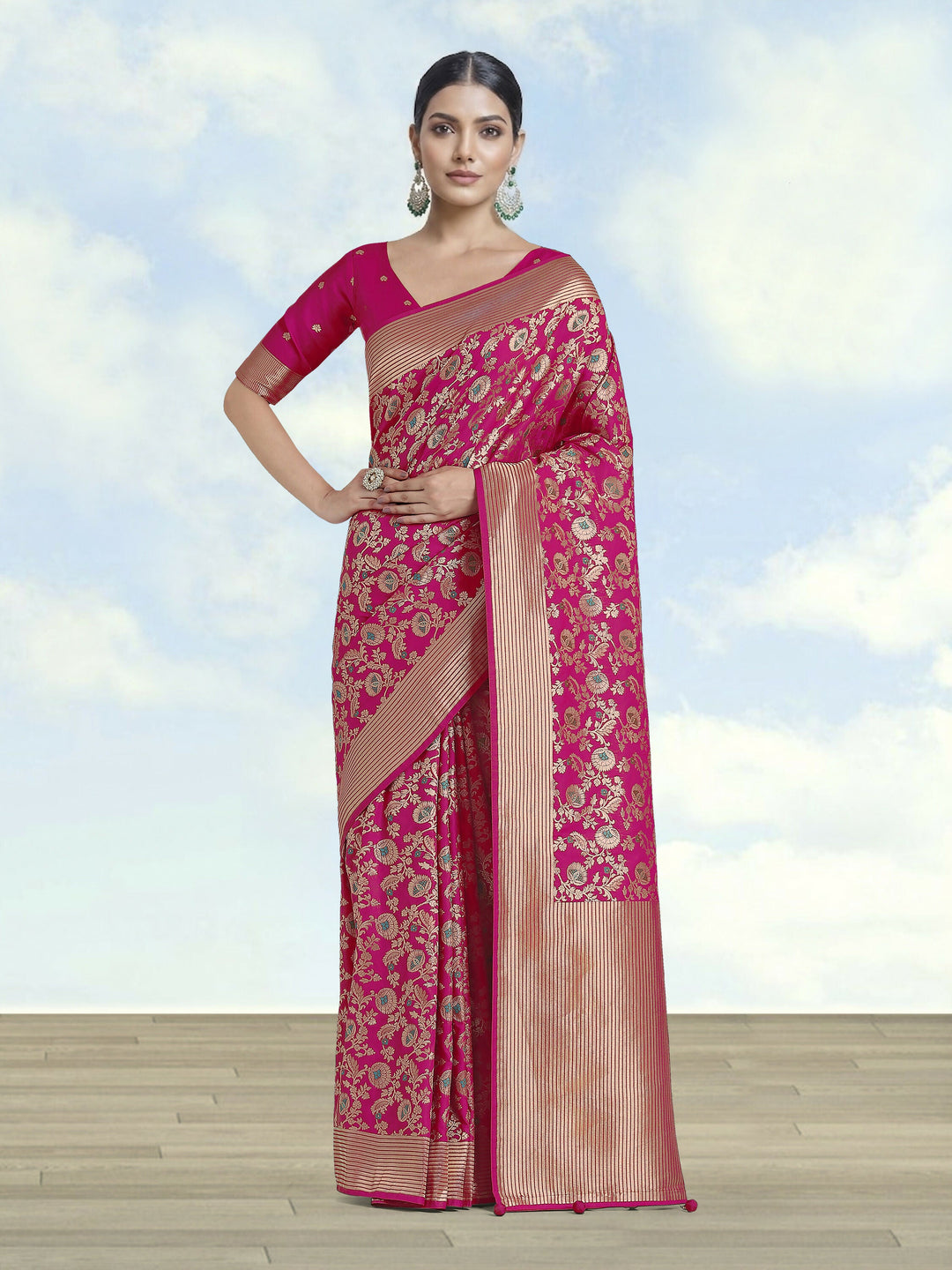 Banarasi Silk Rani Pink Zaal Pattern Saree | SHOBITAM