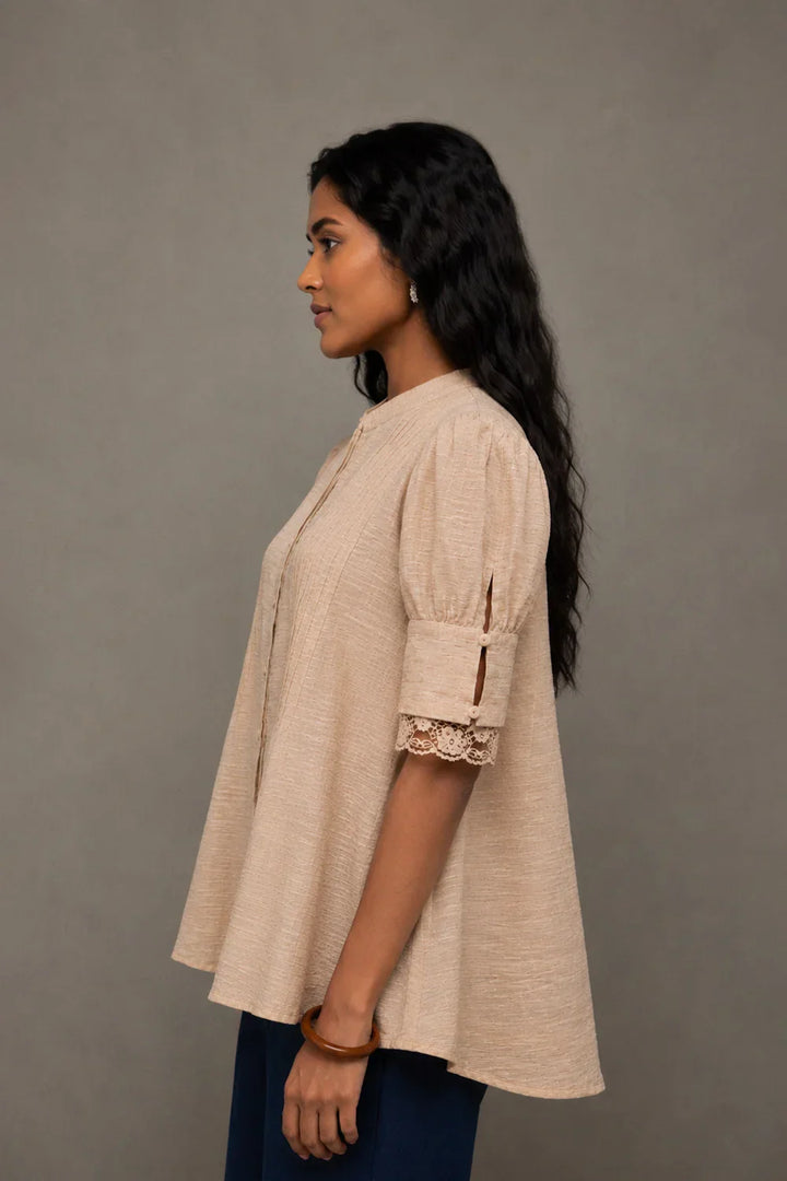 Beige Pure Cotton Buttoned Top | SHOBITAM