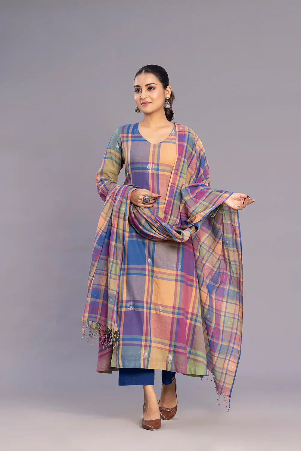 Handloom Multicolour Shalpa Motifs Zari Jamdani Kurta Set with Dupatta | SHOBITAM