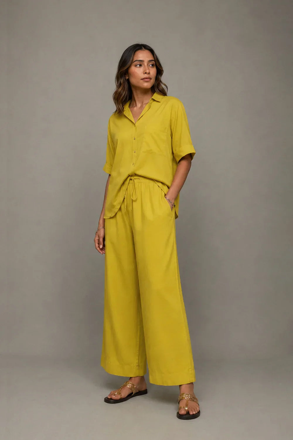 Plantain Yellow Co-Ord Shirt & Wide Leg Pant Set | SHOBITAM