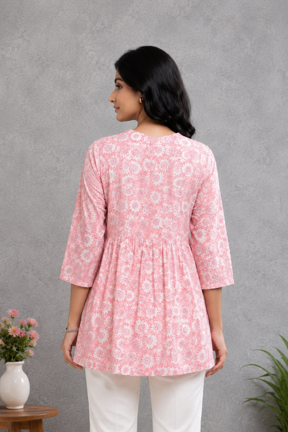 Pink Floral Printed Gathered Tunic Top | SHOBITAM