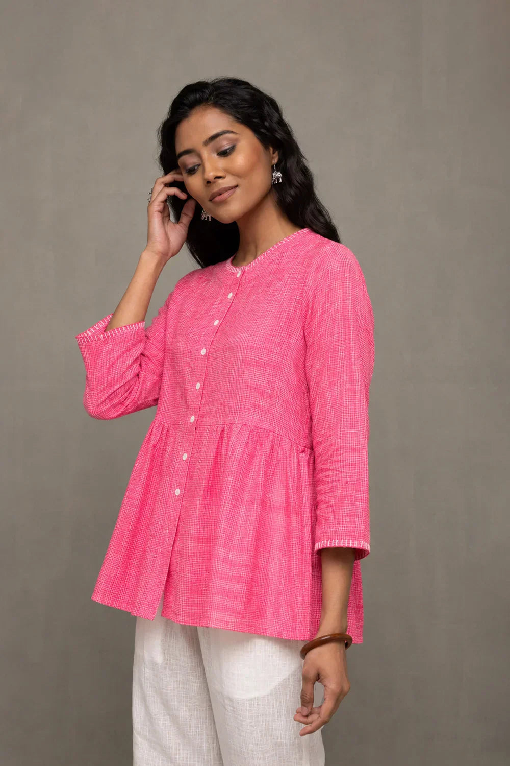 Pink Pure Cotton Buttoned Top | SHOBITAM