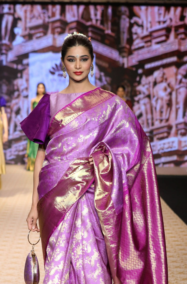 Brocade Kanjivaram Pure Silk Saree in Lilac and Purple with Peacock Leheria design | SILK MARK CERTIFIED