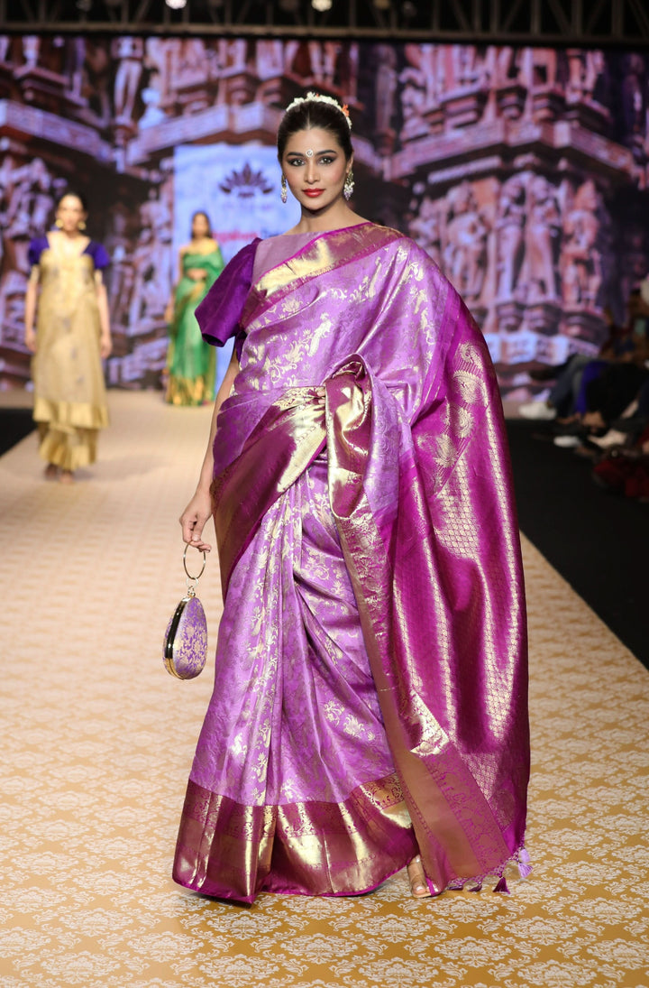 Brocade Kanjivaram Pure Silk Saree in Lilac and Purple with Peacock Leheria design | SILK MARK CERTIFIED