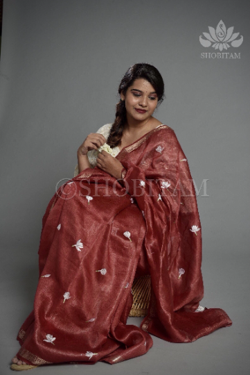 Jasmine bud Maroon Floral embroidery on Silk Linen