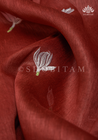 Jasmine bud Maroon Floral embroidery on Silk Linen