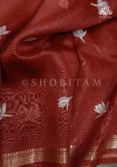 Jasmine bud Maroon Floral embroidery on Silk Linen