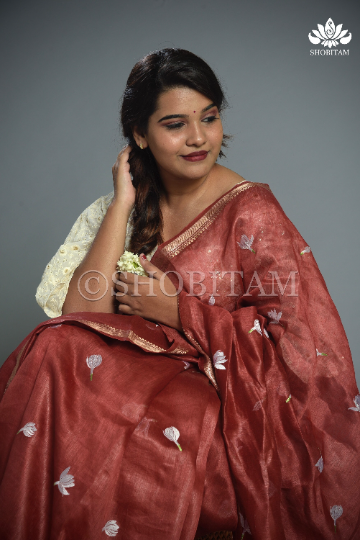 Jasmine bud Maroon Floral embroidery on Silk Linen