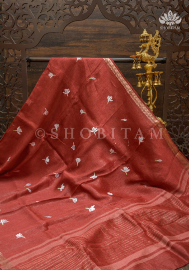 Jasmine bud Maroon Floral embroidery on Silk Linen