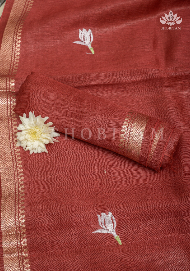 Jasmine bud Maroon Floral embroidery on Silk Linen
