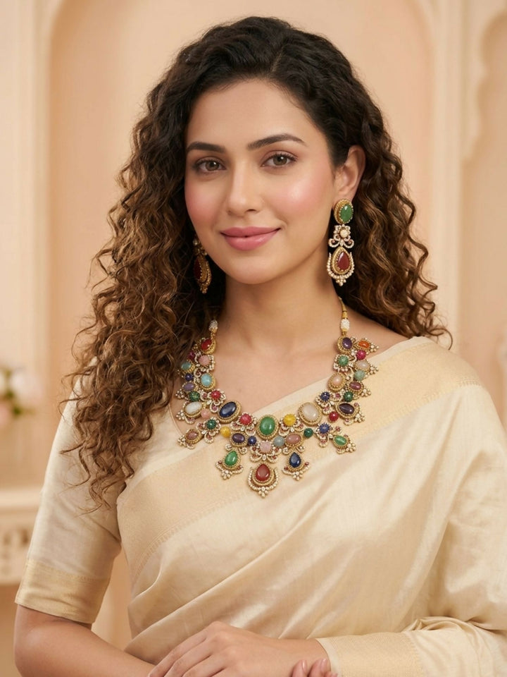 Multicolour Navratna Kundan Statement Necklace Set with Earrings | SHOBITAM