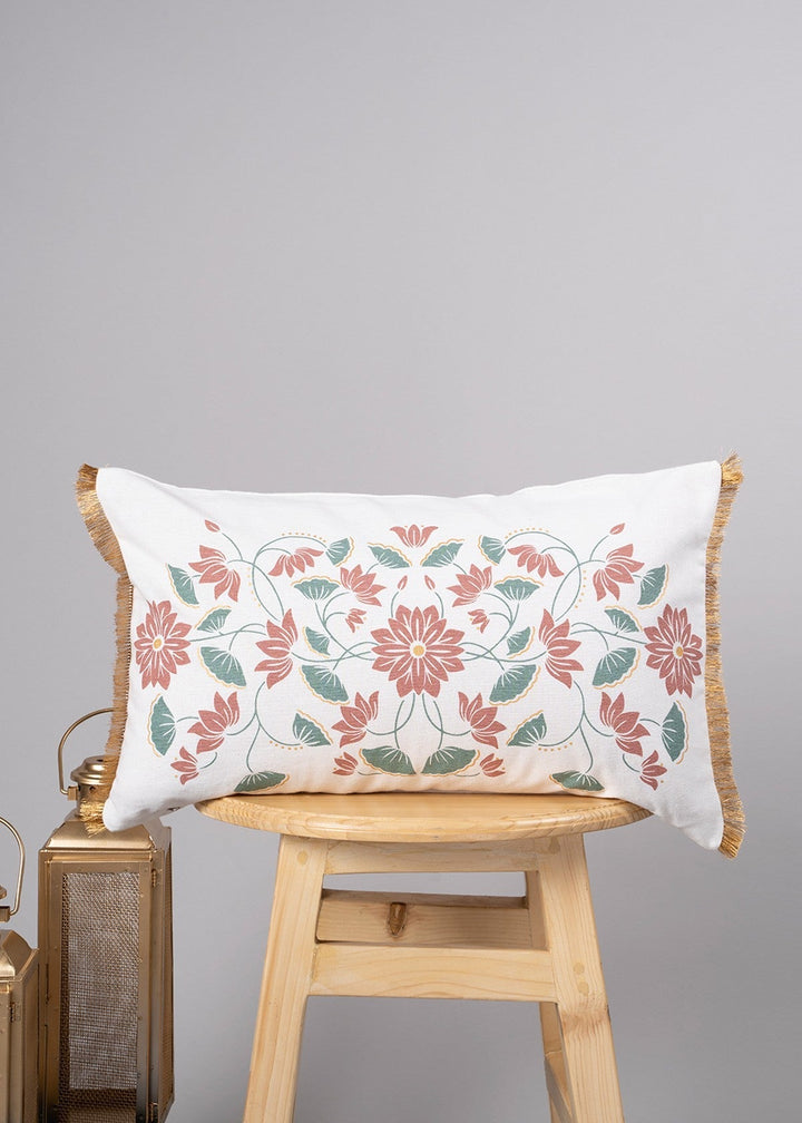 Lotus Blossom Green Decorative Cushion Cover for Sofa with Gold Fringe – 100% Cotton 12" x 20" | SHOBITAM