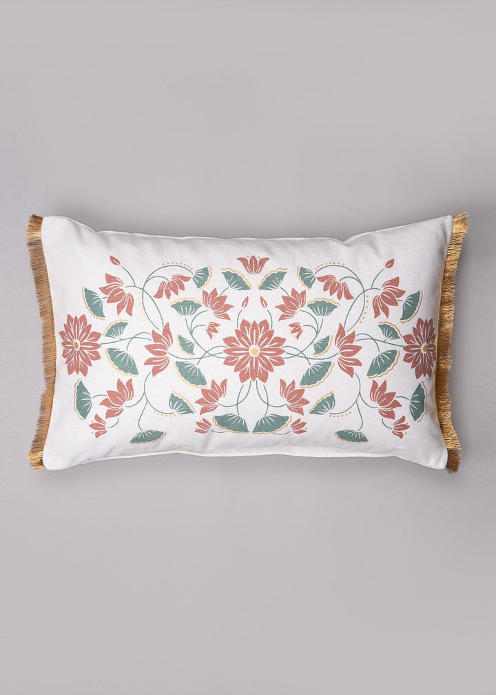Lotus Blossom Green Decorative Cushion Cover for Sofa with Gold Fringe – 100% Cotton 12" x 20" | SHOBITAM