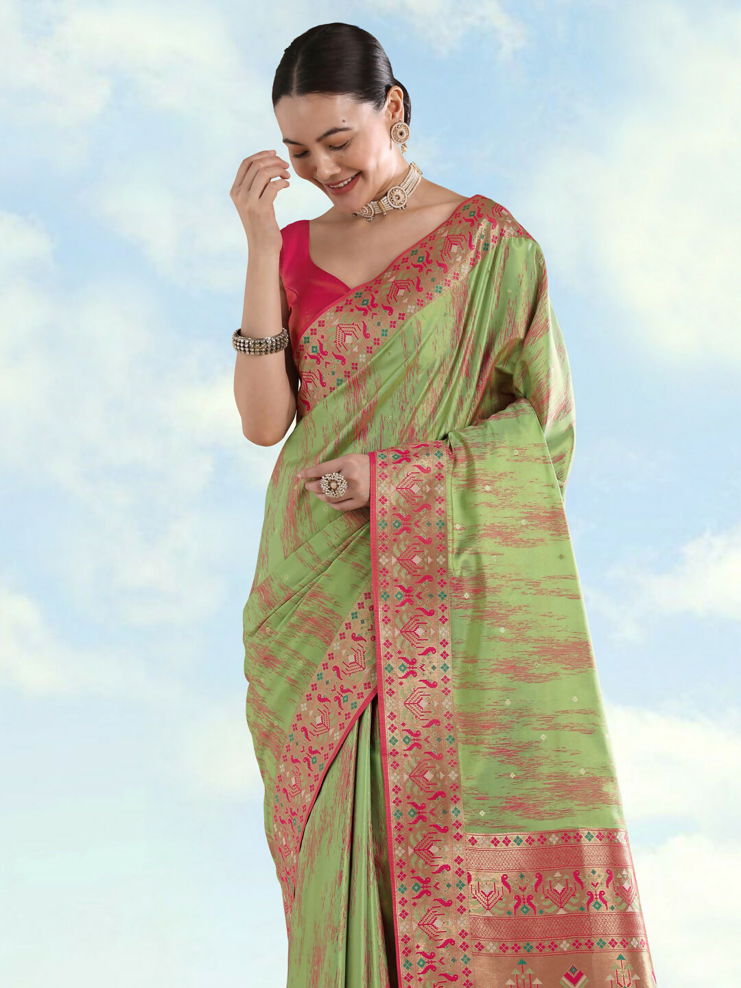 Light Green Color Semi Banarasi Tissue Silk Paithani Woven Saree | SHOBITAM