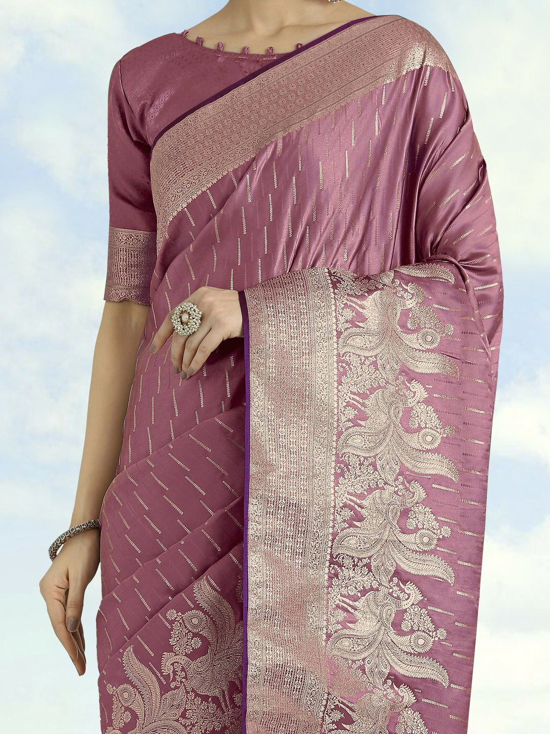 Dusty Rose Pink Weaving Banarasi Satin Silk Saree | SHOBITAM