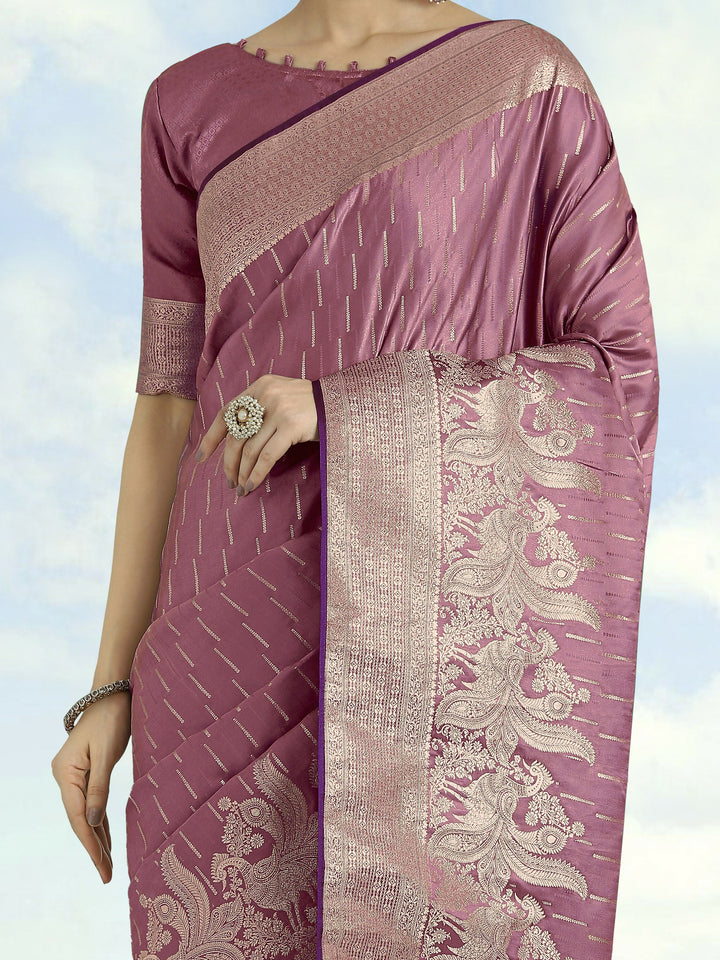 Dusty Rose Pink Weaving Banarasi Satin Silk Saree | SHOBITAM