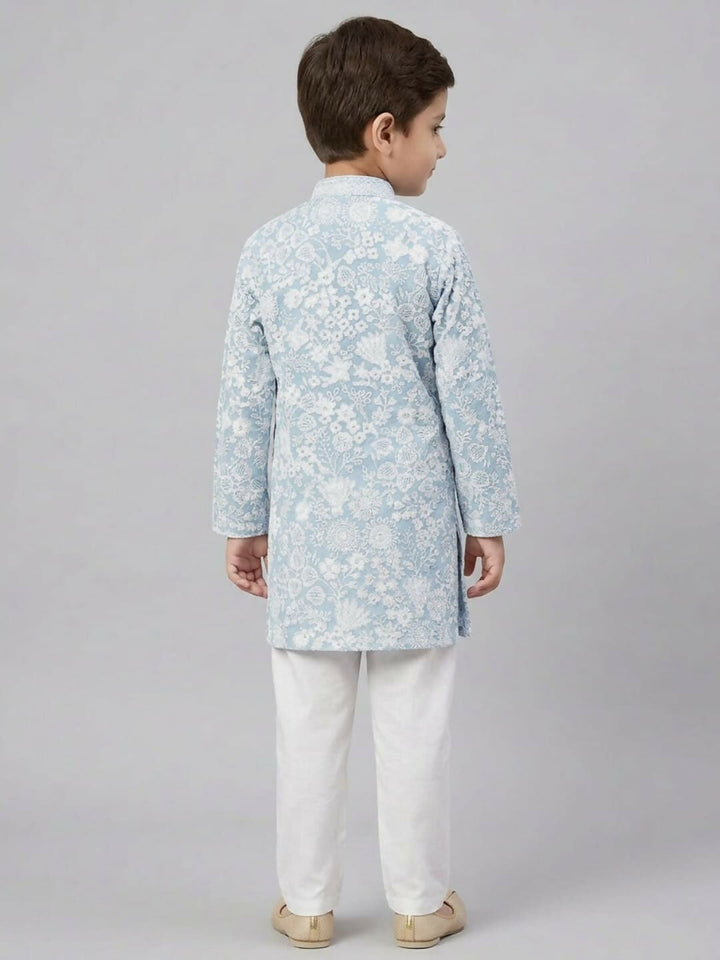 Boys Embroidered Blue Ethnic Wear Kurta Pajama Set | SHOBITAM