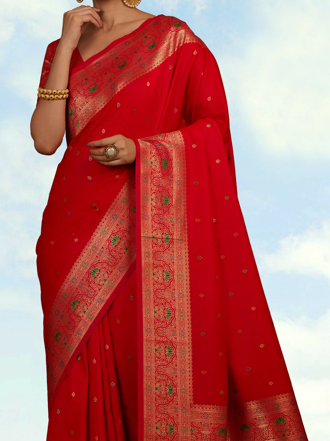 Red Banarasi Silk Blend Saree Comes with Unstitched blouse piece |SHOBITAM