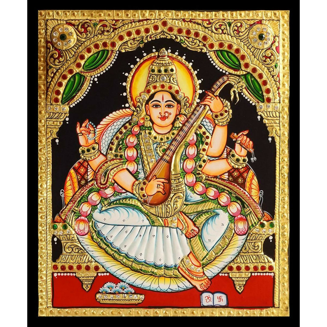 10*12 Authentic TANJORE PAINTING SARASWATHI With 22 Ct gold Foil and Jaipur Gemstones,Unframed | SHOBITAM