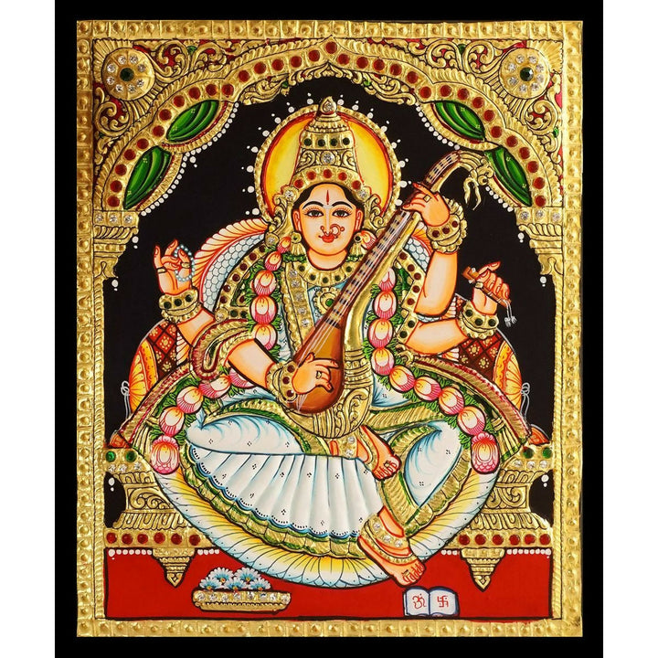 10*12 Authentic TANJORE PAINTING SARASWATHI With 22 Ct gold Foil and Jaipur Gemstones,Unframed | SHOBITAM