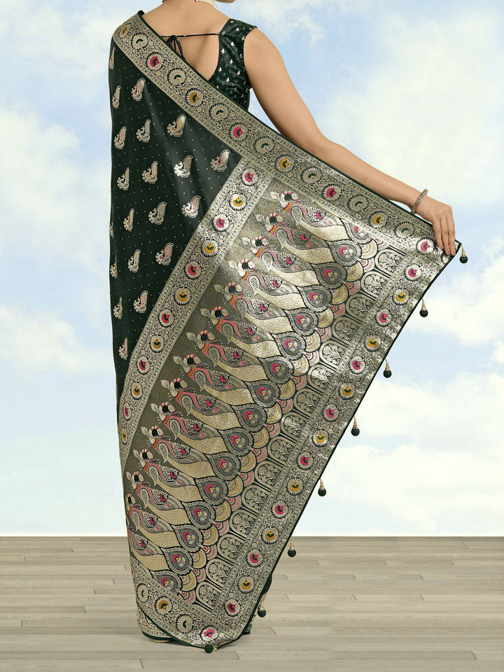 Dark Green Color Banarasi Satin Silk Zari Weaving Saree | SHOBITAM